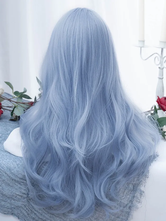 Blue Long Wavy Synthetic Wig With Curtain Bangs