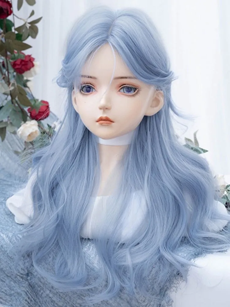 Blue Long Wavy Synthetic Wig With Curtain Bangs