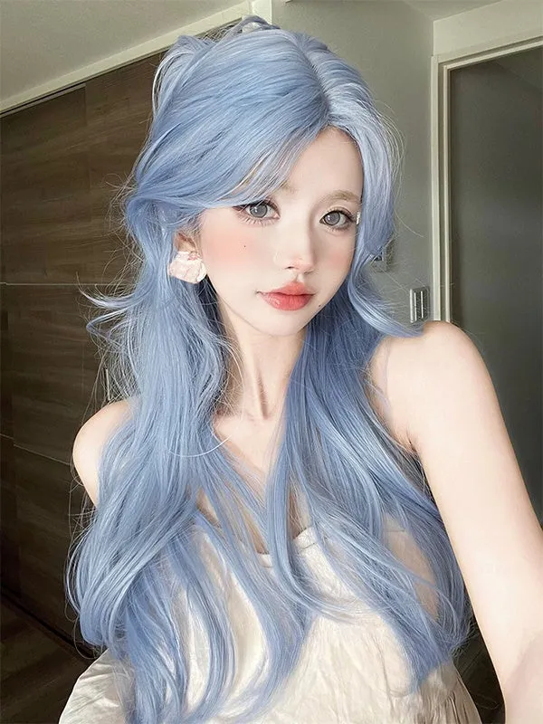 Blue Long Wavy Synthetic Wig With Curtain Bangs
