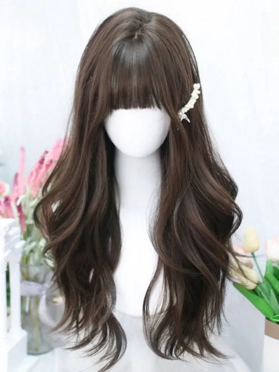 Brown 60CM Long Wavy Wig With Full Bangs