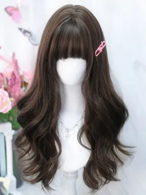 Brown 60CM Long Wavy Wig With Full Bangs
