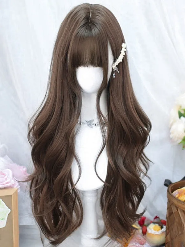 Brown 70CM Waist Length Wavy Wig With Full Bangs