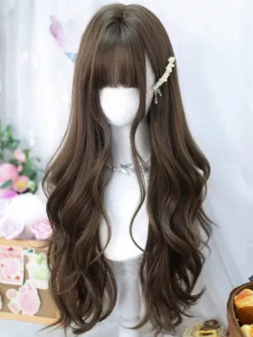 Brown 70CM Waist Length Wavy Wig With Full Bangs