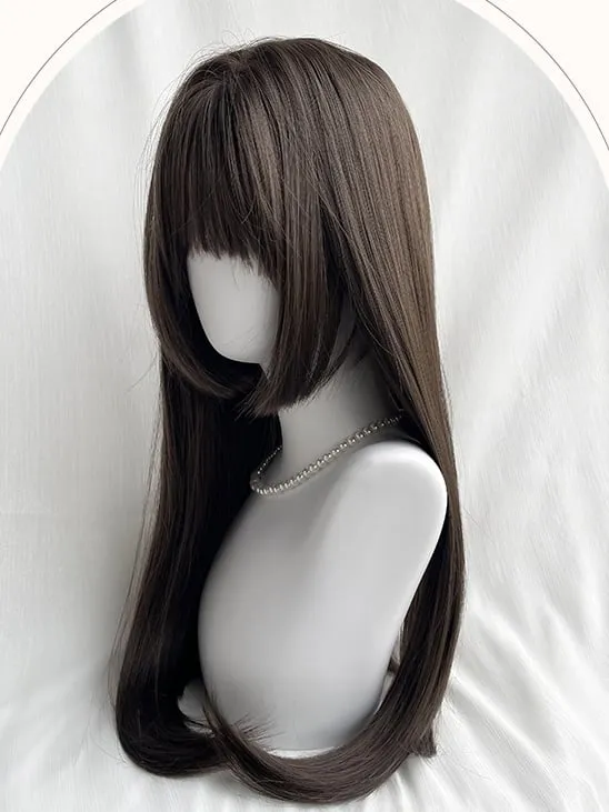 Brown/Black Long Straight Hime Cut Synthetic Wig With Bangs