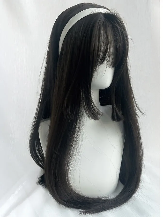Brown/Black Long Straight Hime Cut Synthetic Wig With Bangs