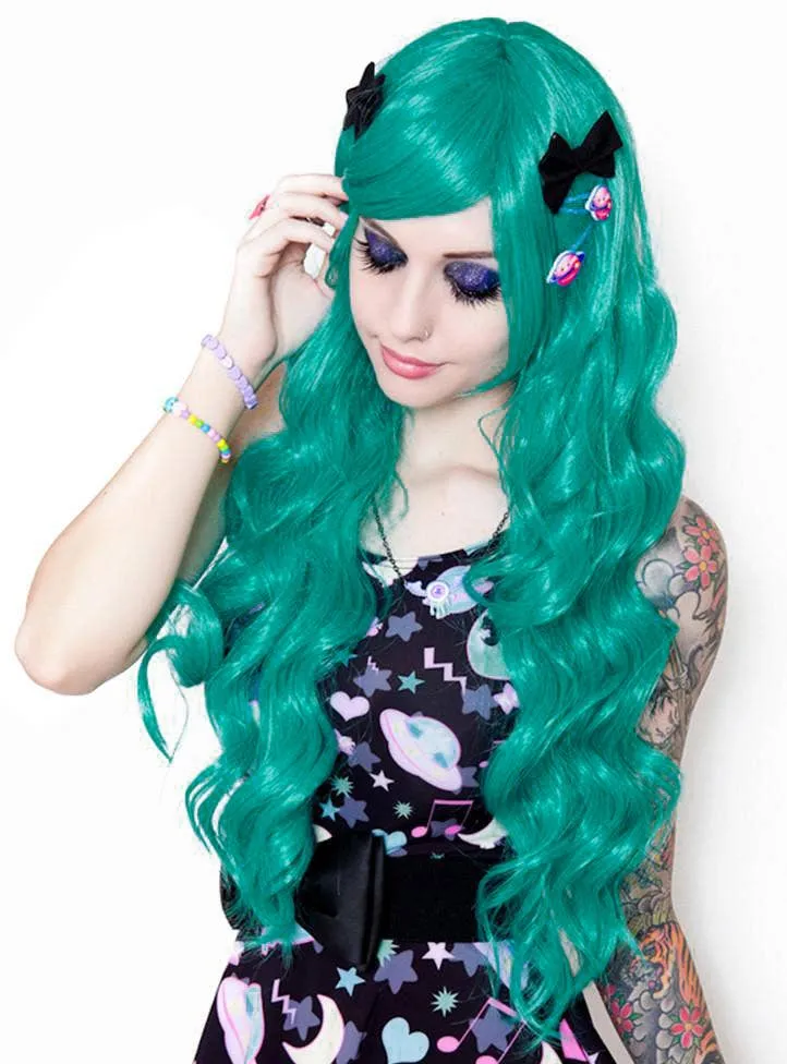 Classic Teal Green Deluxe Womens Long Wavy Wig