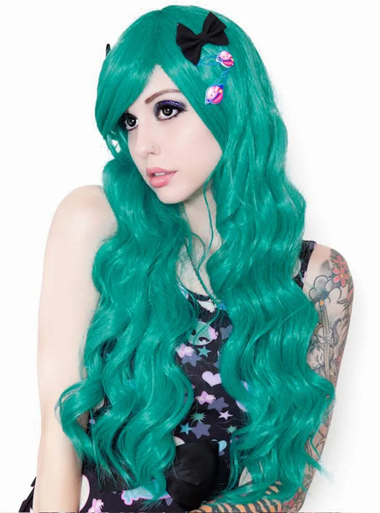 Classic Teal Green Deluxe Womens Long Wavy Wig