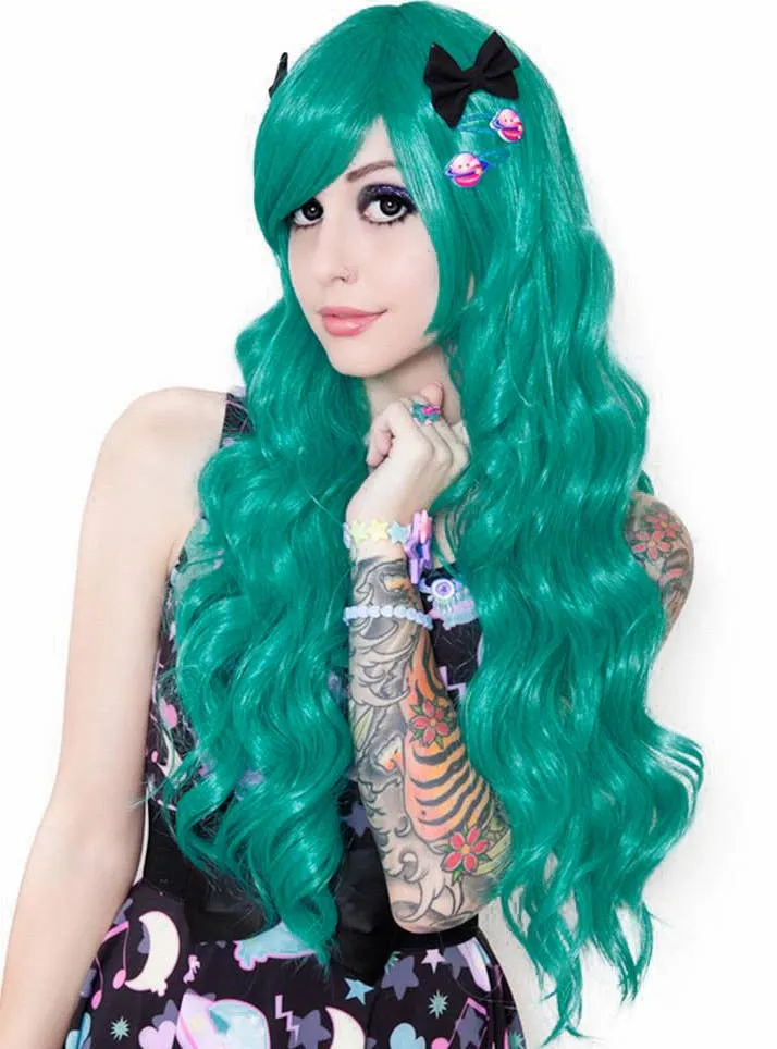 Classic Teal Green Deluxe Womens Long Wavy Wig