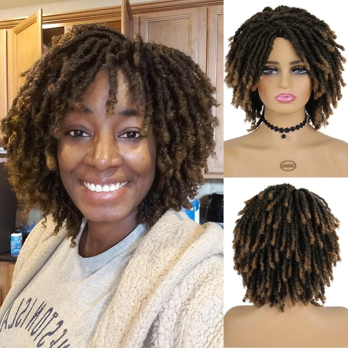 Colly Female Wig Synthetic Dreadlocks Wig Short Curly Crochet Hair Wigs for Women Ombre Brown Braided Hairstyle Afro Wig Hip-hop