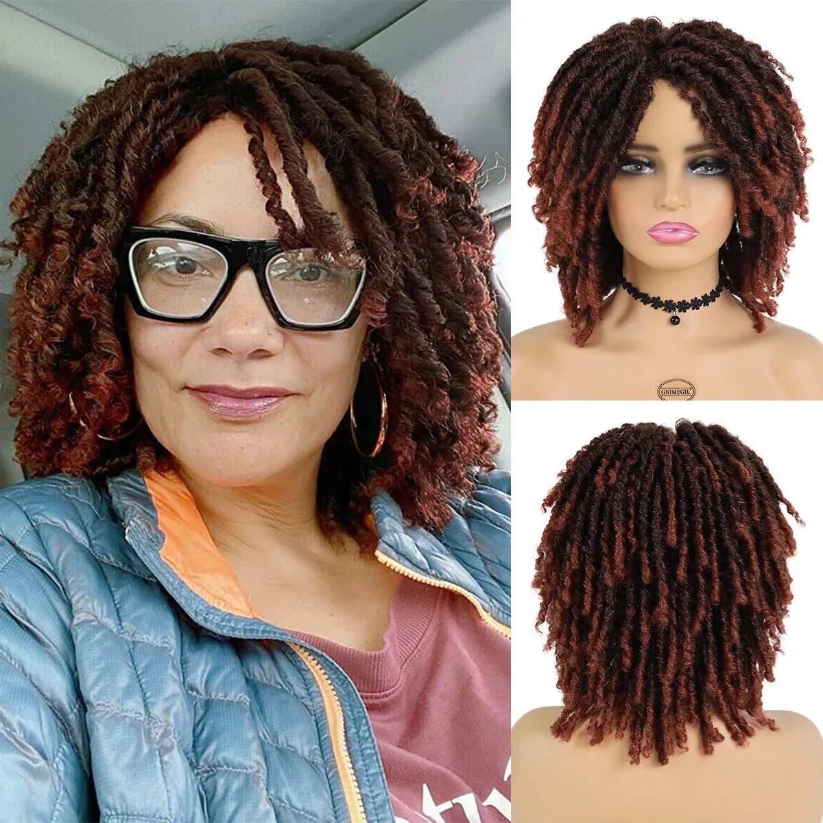 Colly Female Wig Synthetic Dreadlocks Wig Short Curly Crochet Hair Wigs for Women Ombre Brown Braided Hairstyle Afro Wig Hip-hop