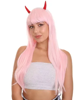 COSMOS Adult Women’s Anime Pink Devil Horns Base Wig | Perfect for Halloween and Cosplay | Flame-retardant Synthetic Fiber