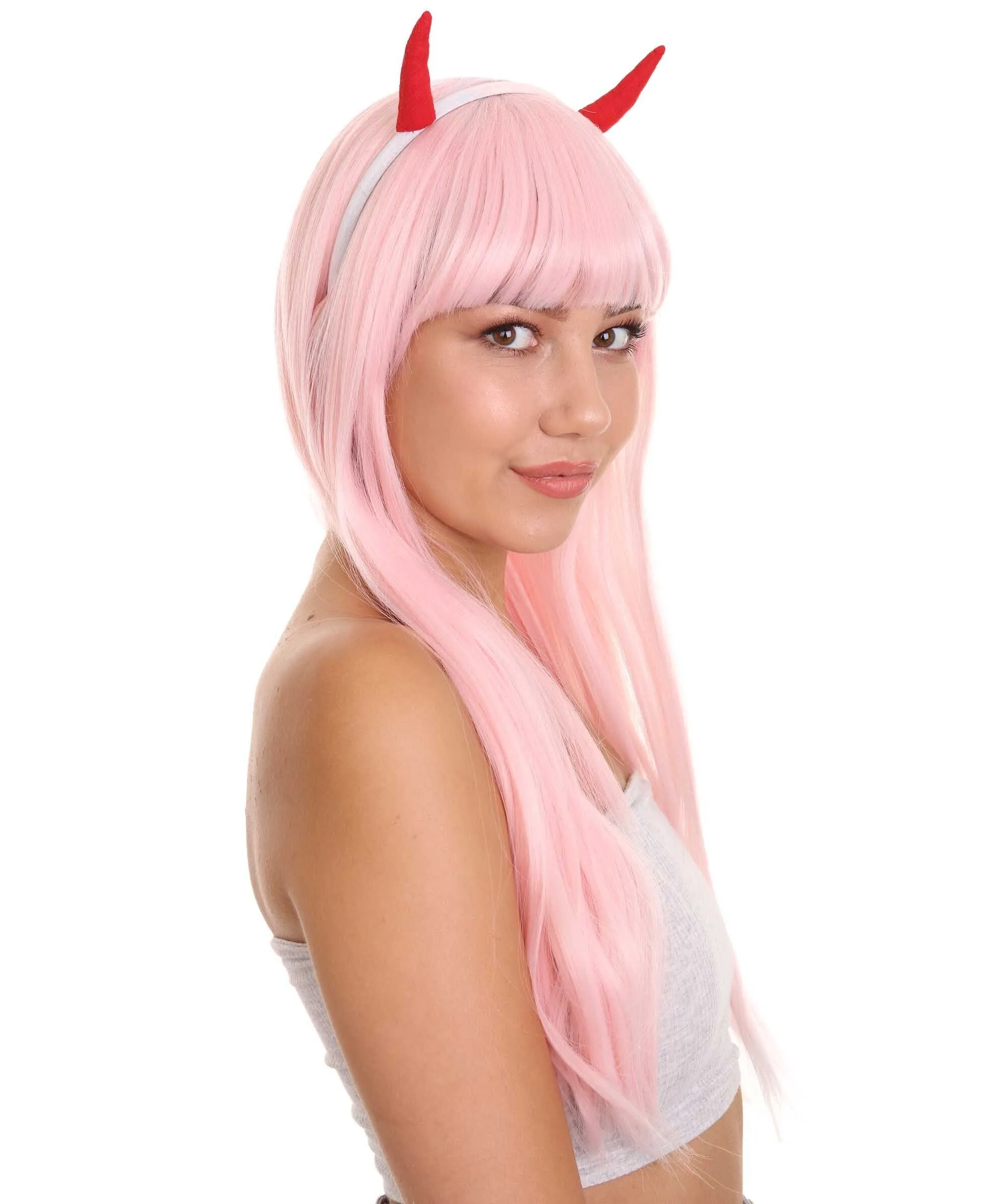 COSMOS Adult Women’s Anime Pink Devil Horns Base Wig | Perfect for Halloween and Cosplay | Flame-retardant Synthetic Fiber