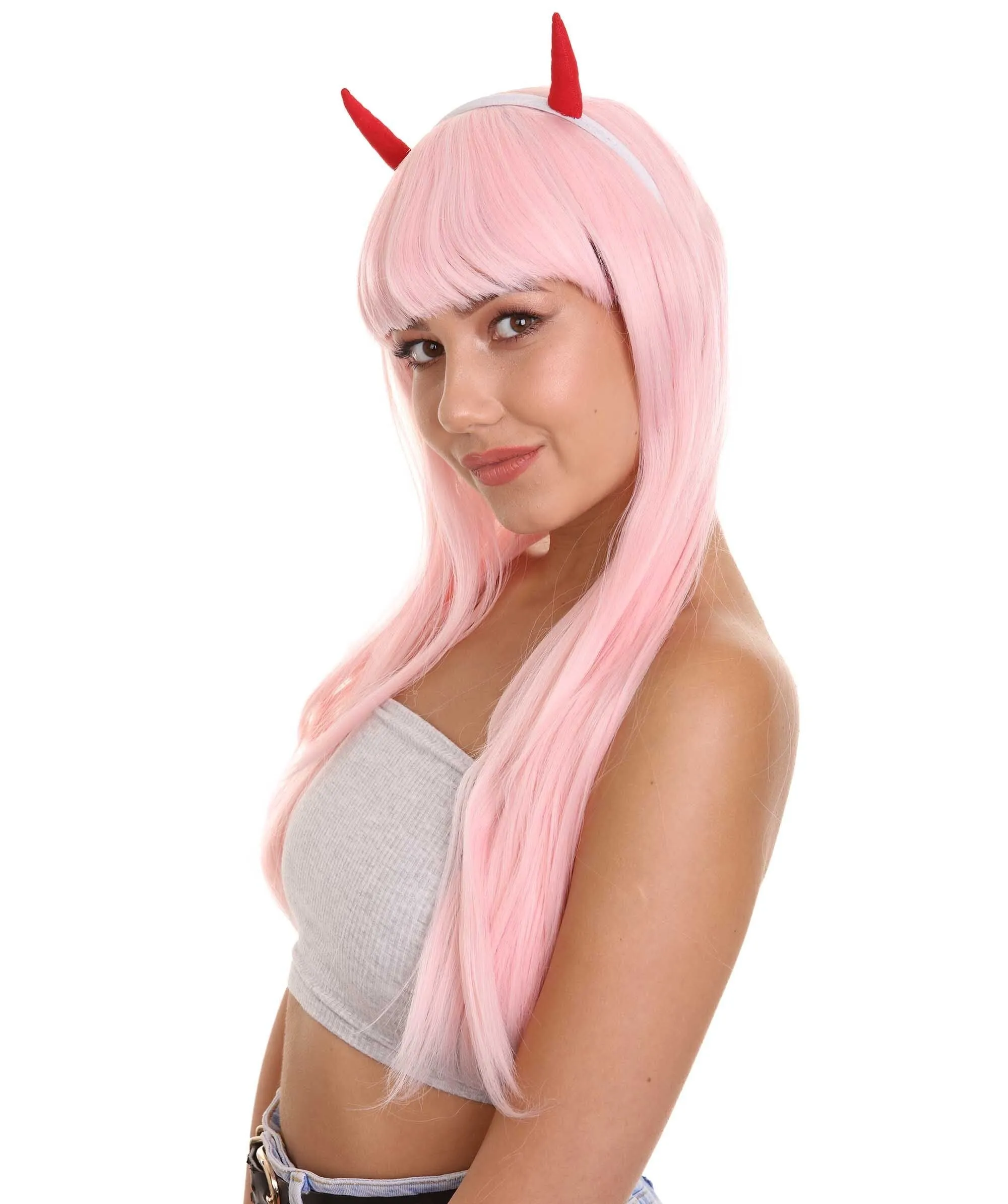 COSMOS Adult Women’s Anime Pink Devil Horns Base Wig | Perfect for Halloween and Cosplay | Flame-retardant Synthetic Fiber