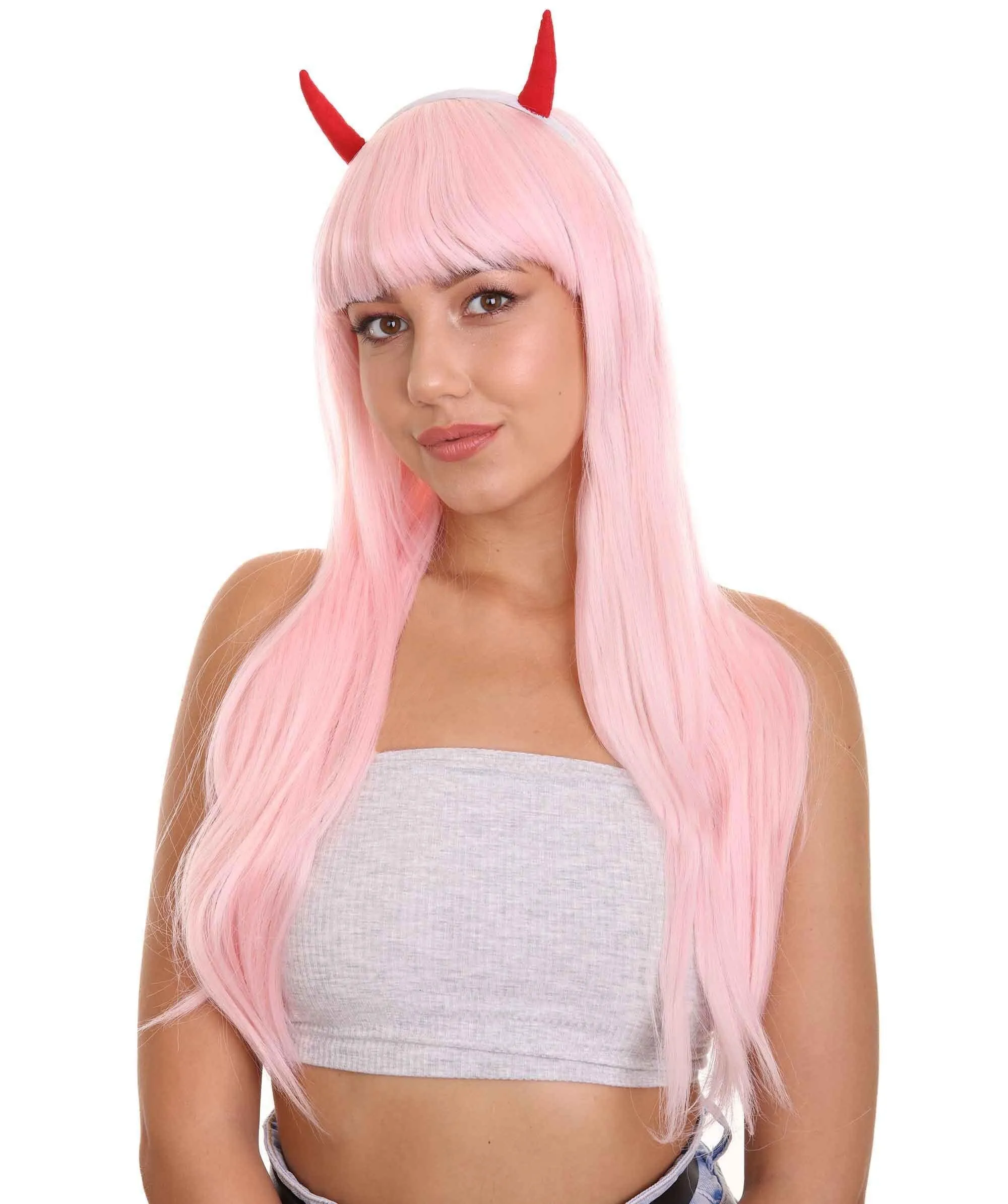 COSMOS Adult Women’s Anime Pink Devil Horns Base Wig | Perfect for Halloween and Cosplay | Flame-retardant Synthetic Fiber