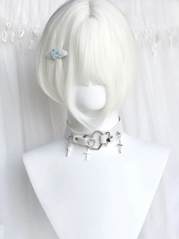 Creamy White Short Bob Cut Wig With Bangs＋Double Wavy Ponytail Claw Clips