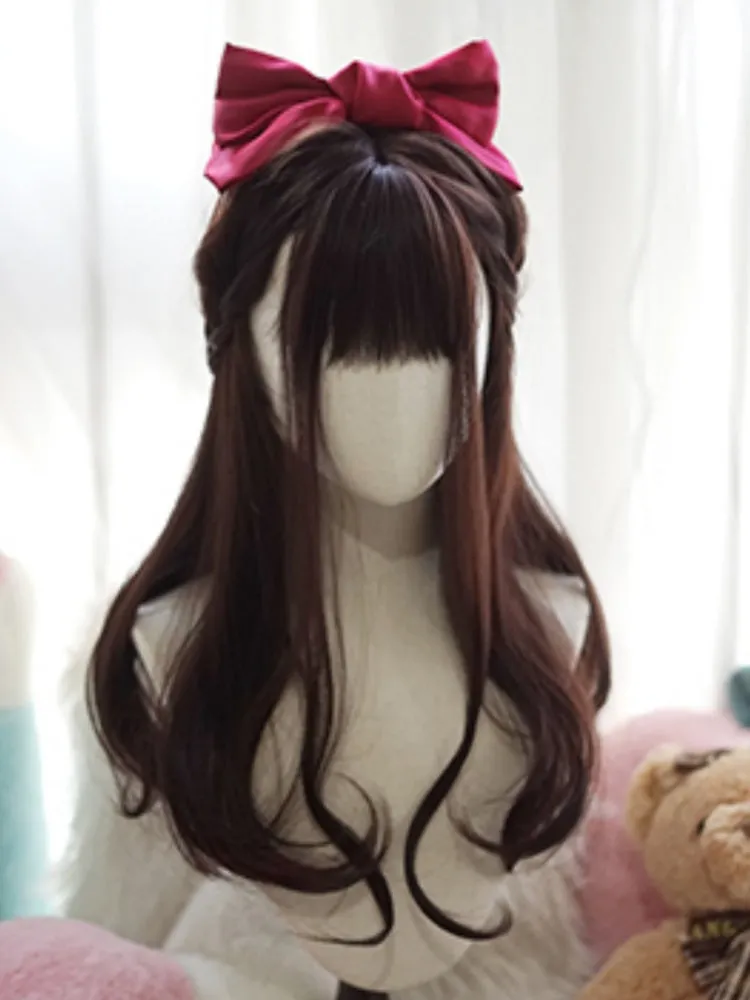 Dark Brown Long Wavy Wig With Full Bangs