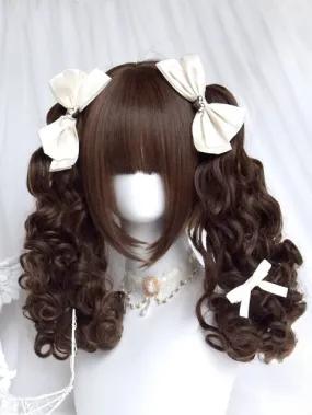 Dark Brown Short Bob Cut Wig With Bangs＋Double Curly Ponytail Claw Clips