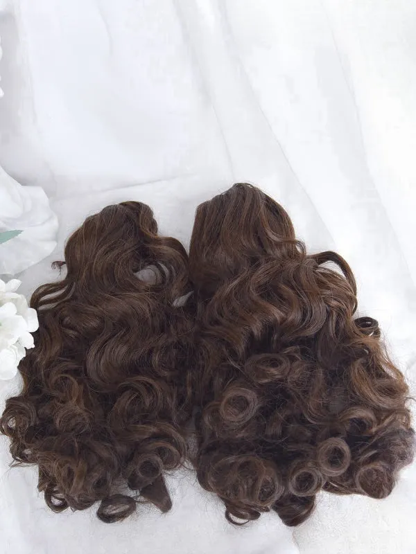 Dark Brown Short Bob Cut Wig With Bangs＋Double Curly Ponytail Claw Clips