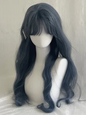 Dusty Blue Waist Length Wavy Wig With Air Bangs