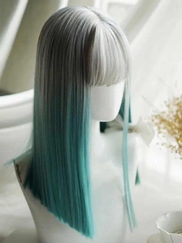 Grey-green Ombre Hair Color Above Bust Length Straight Wig With Full Bangs