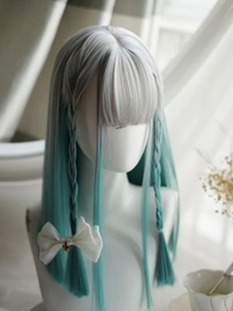 Grey-green Ombre Hair Color Above Bust Length Straight Wig With Full Bangs