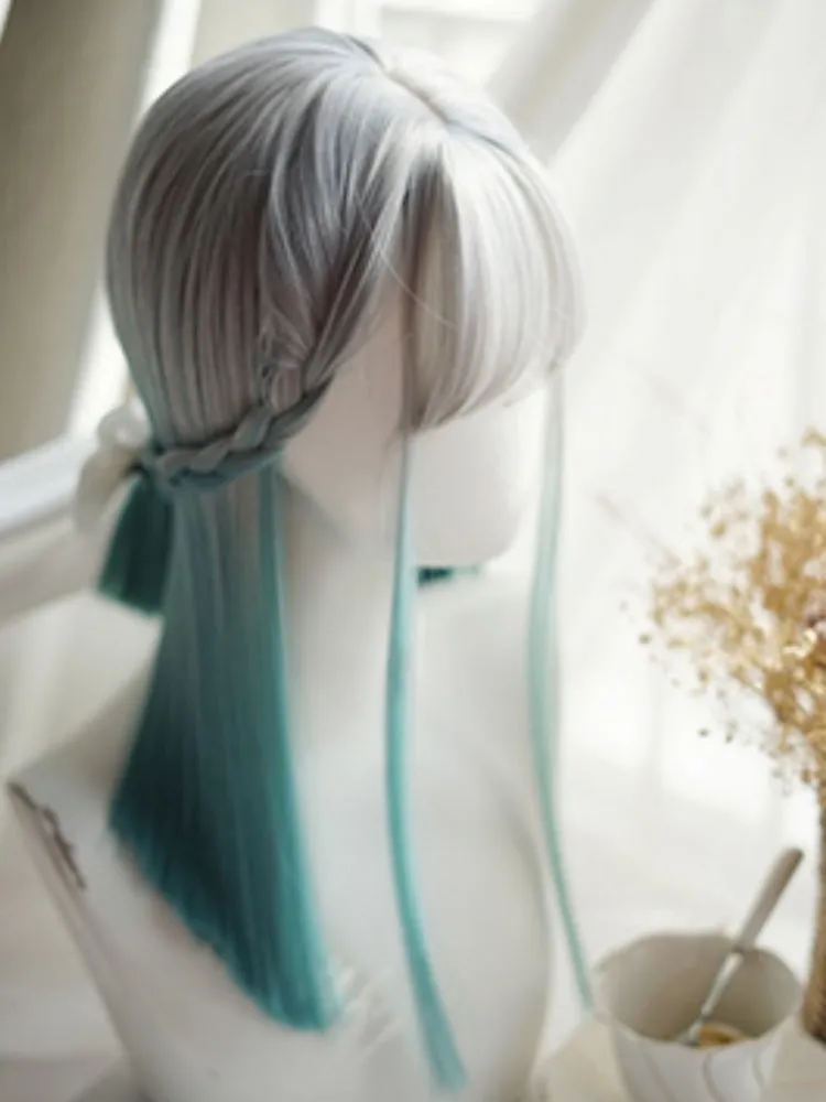 Grey-green Ombre Hair Color Above Bust Length Straight Wig With Full Bangs