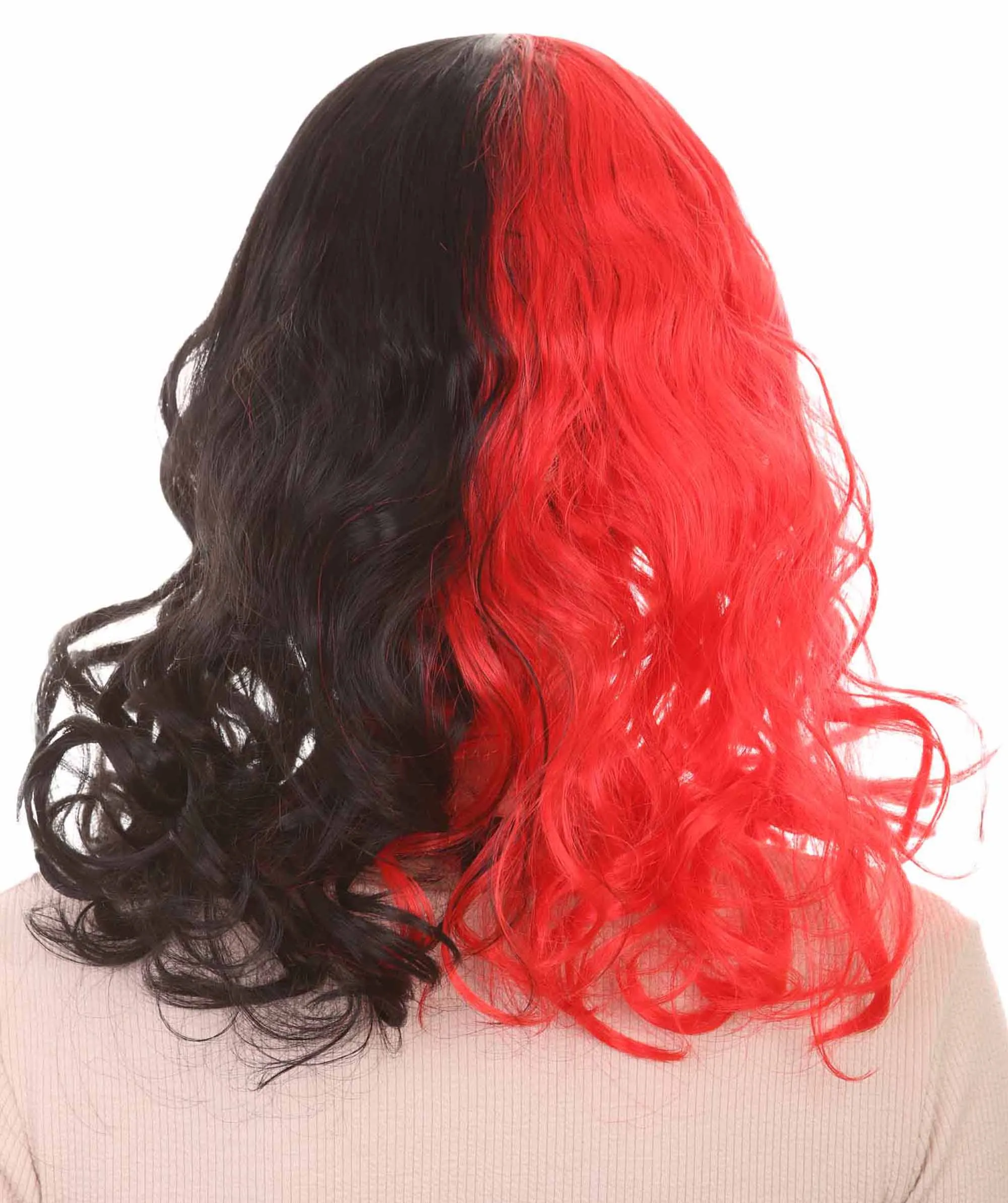 Half Red and Half Black Long Curly Anime Womens Wigs | Cartoon Stage/Event Fancy Halloween Wig | Premium Breathable Capless Cap
