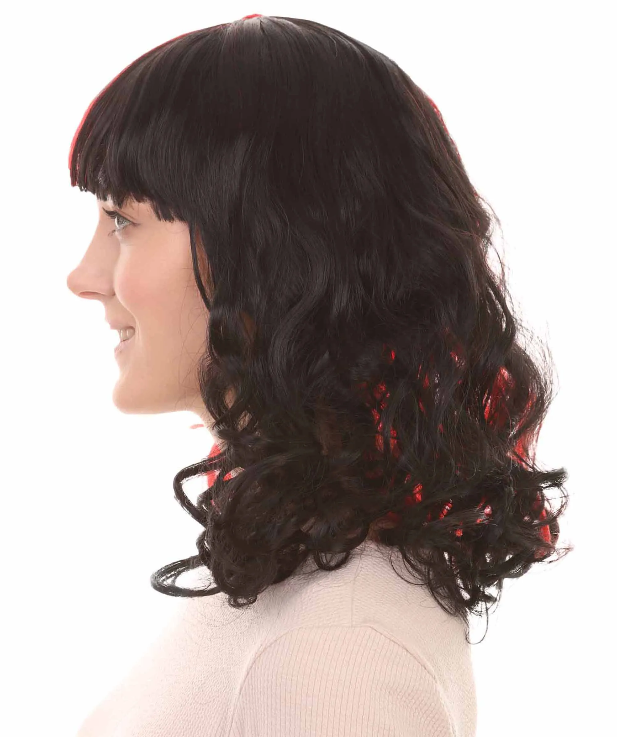 Half Red and Half Black Long Curly Anime Womens Wigs | Cartoon Stage/Event Fancy Halloween Wig | Premium Breathable Capless Cap