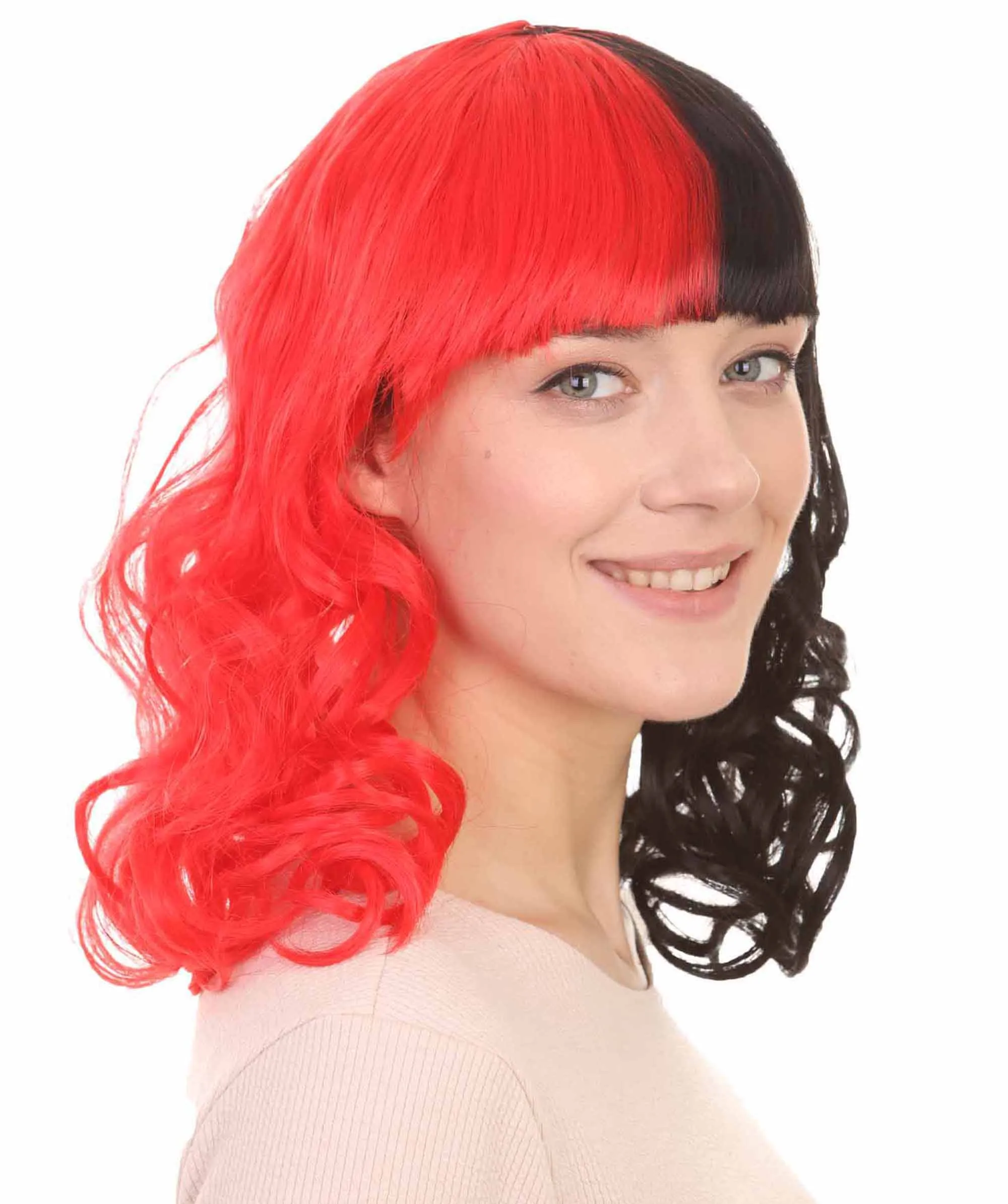Half Red and Half Black Long Curly Anime Womens Wigs | Cartoon Stage/Event Fancy Halloween Wig | Premium Breathable Capless Cap
