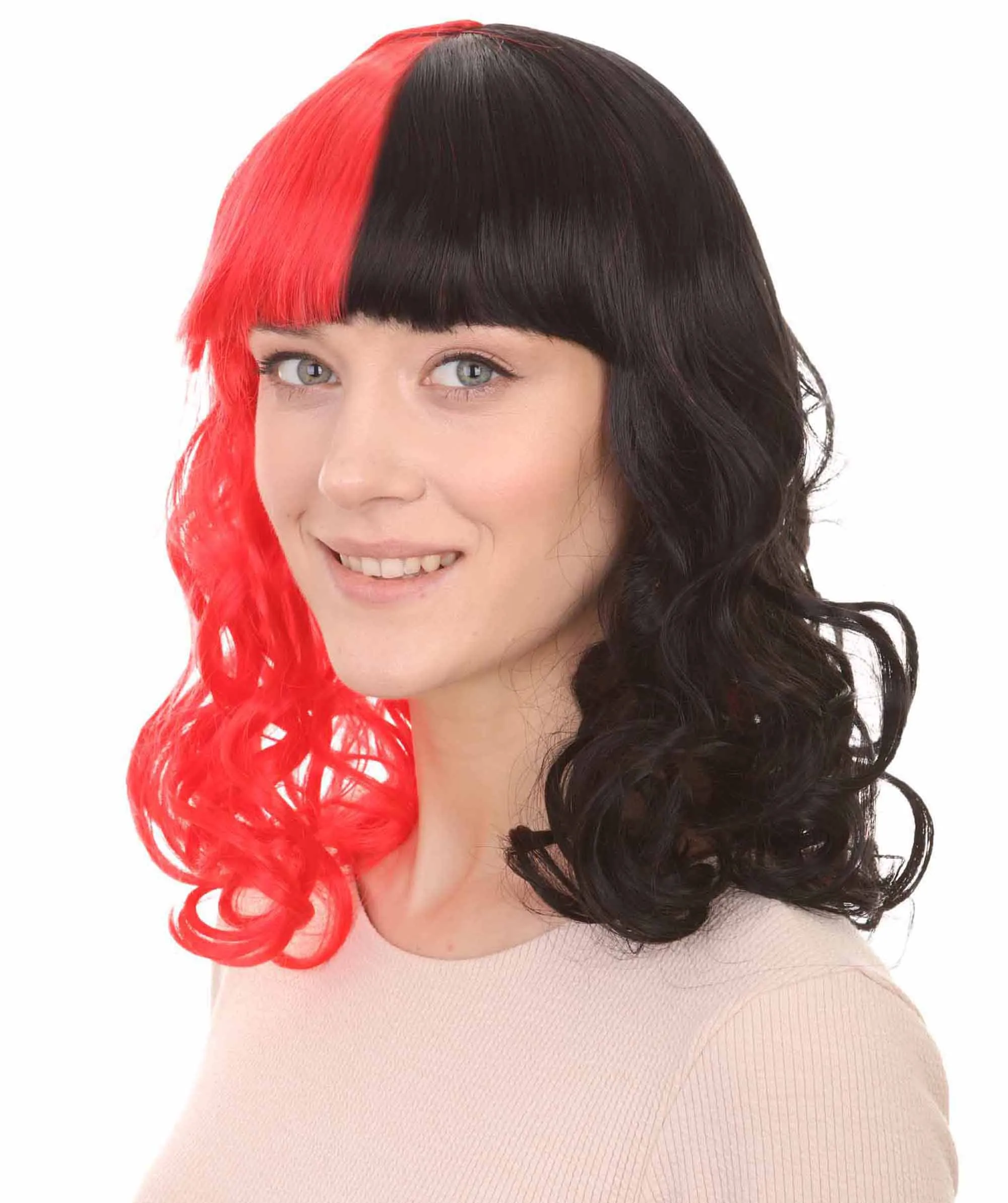 Half Red and Half Black Long Curly Anime Womens Wigs | Cartoon Stage/Event Fancy Halloween Wig | Premium Breathable Capless Cap
