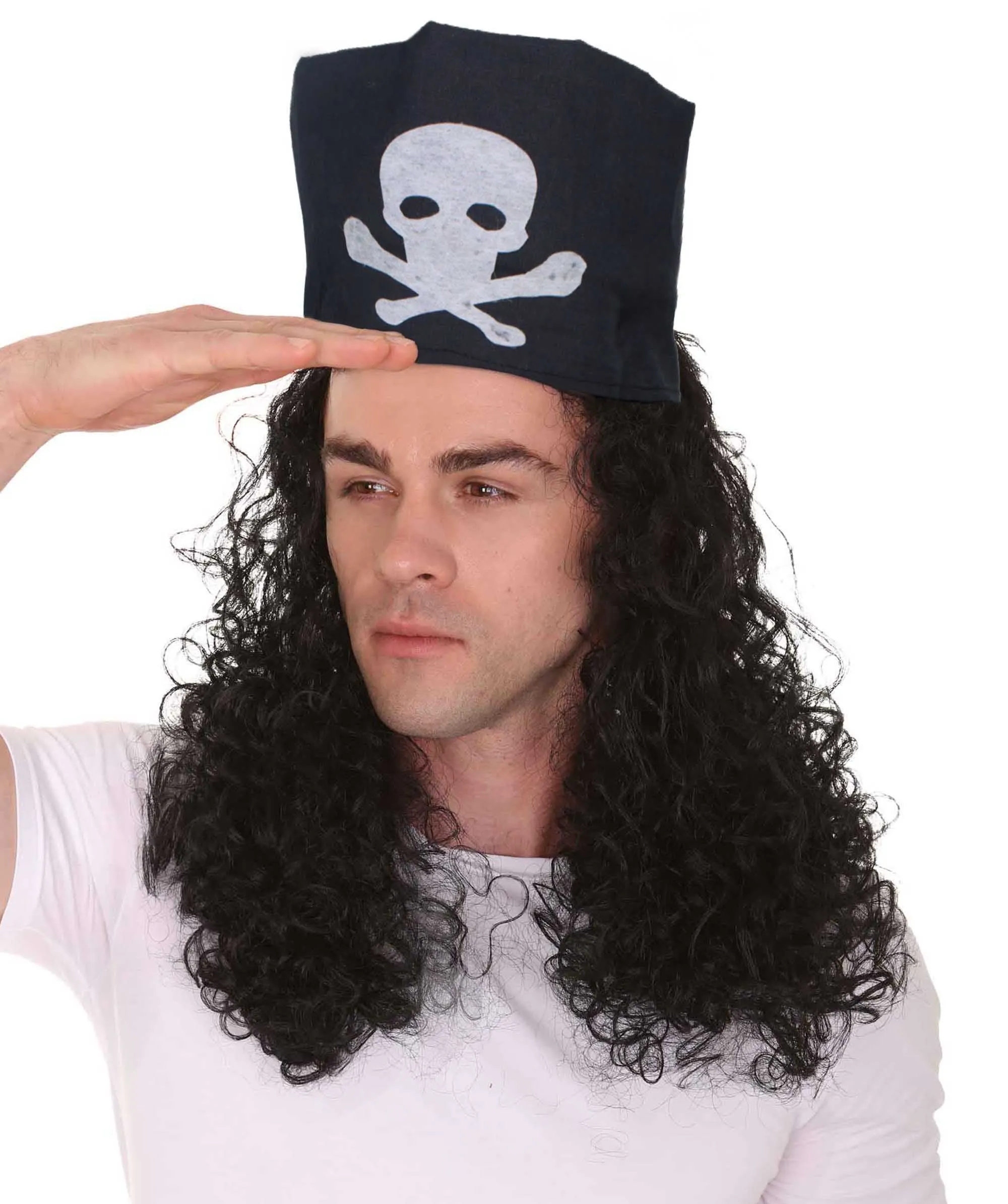 HPO Adult Men's Long Multicolor Color Curly Pirate Buccaneer Wig with Bandana