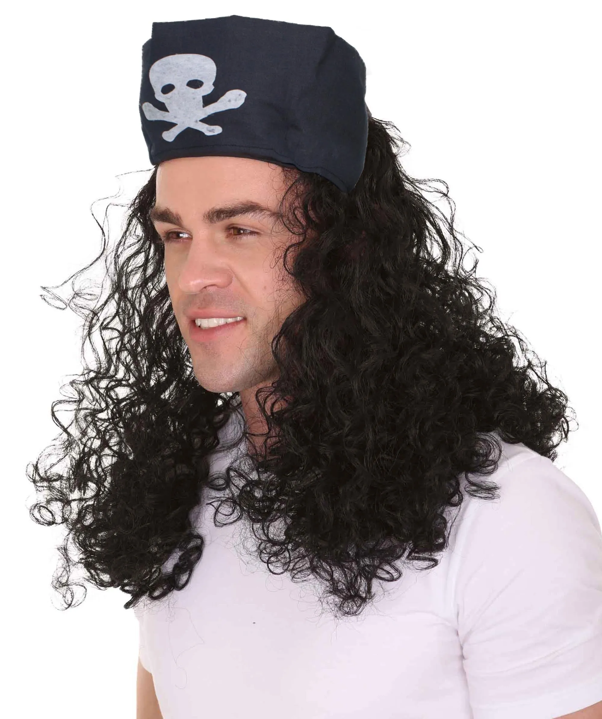 HPO Adult Men's Long Multicolor Color Curly Pirate Buccaneer Wig with Bandana