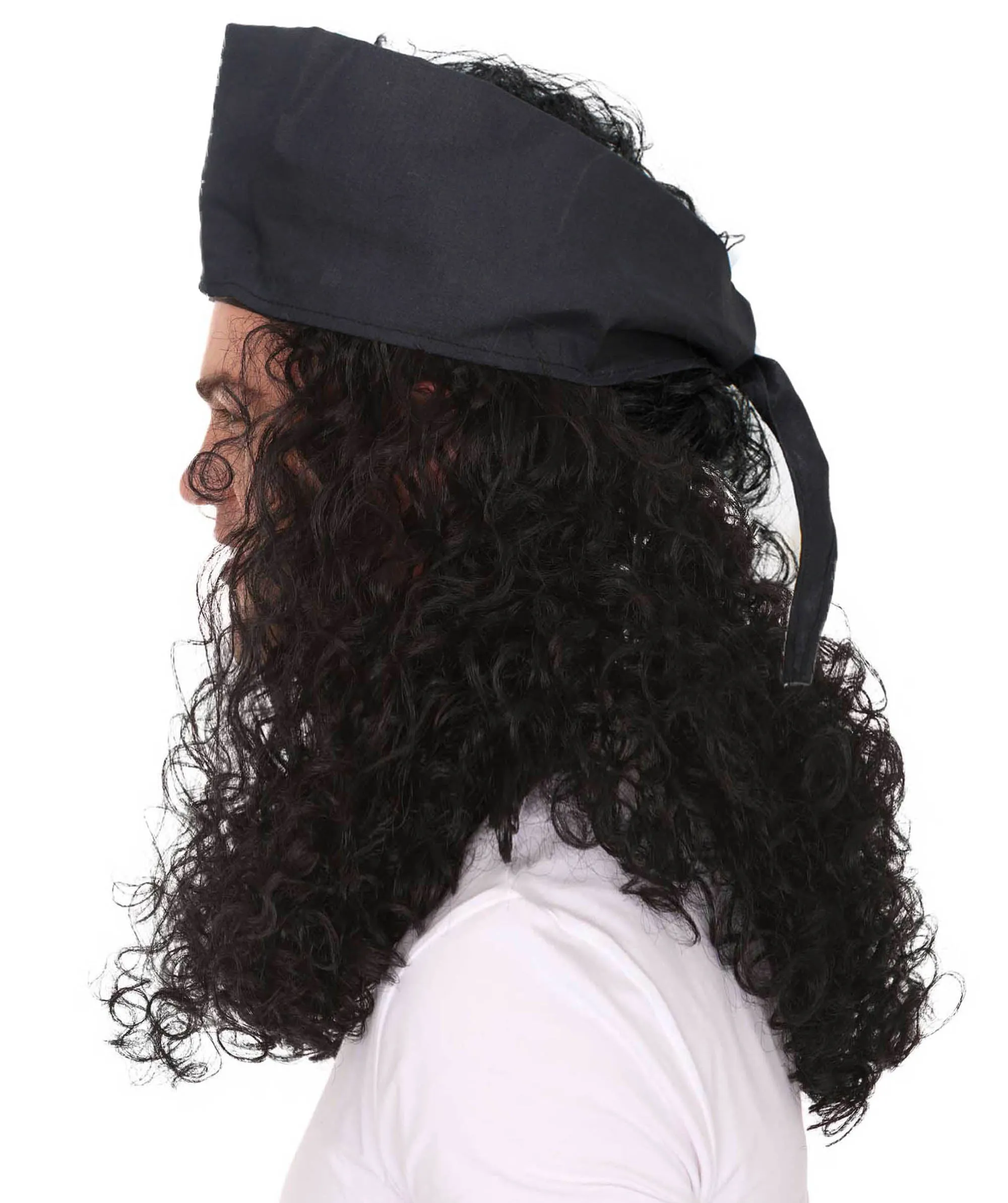 HPO Adult Men's Long Multicolor Color Curly Pirate Buccaneer Wig with Bandana