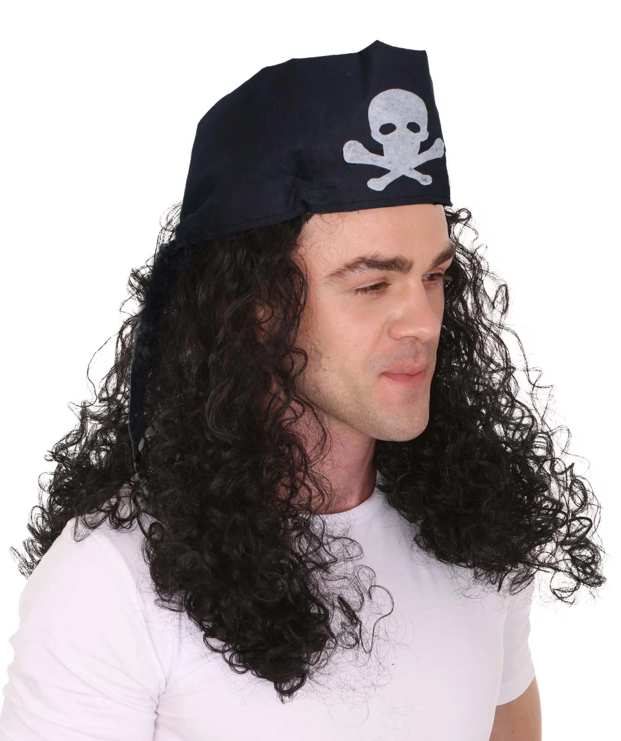 HPO Adult Men's Long Multicolor Color Curly Pirate Buccaneer Wig with Bandana