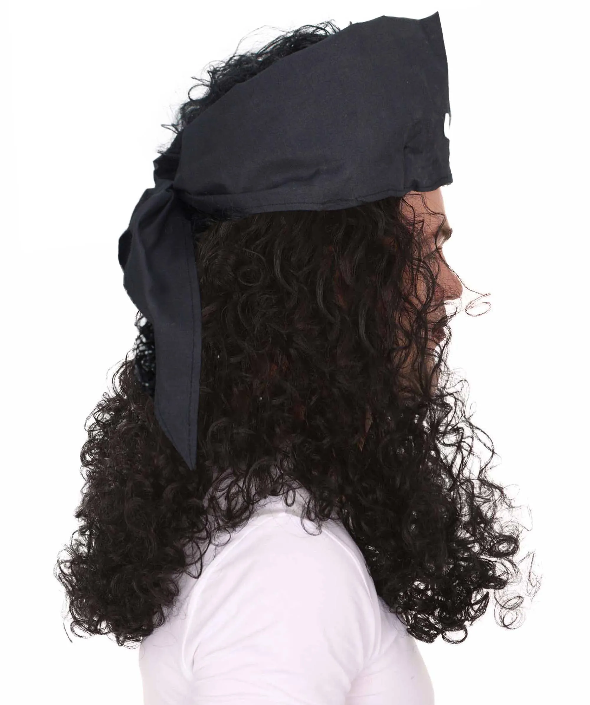HPO Adult Men's Long Multicolor Color Curly Pirate Buccaneer Wig with Bandana
