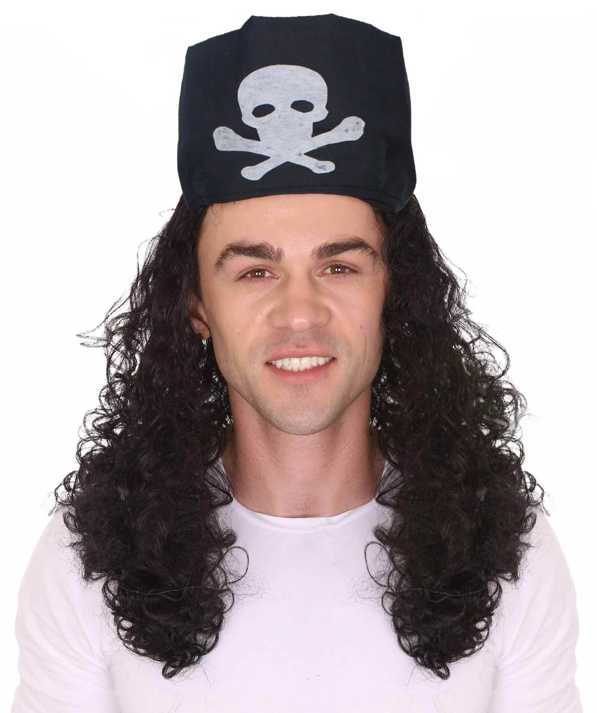 HPO Adult Men's Long Multicolor Color Curly Pirate Buccaneer Wig with Bandana