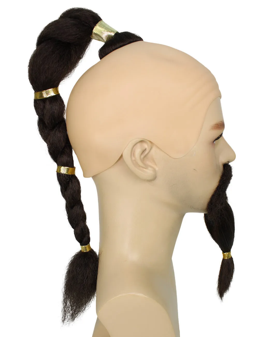 HPO Adult Men's Short Black Braided Wig with Beard and Mustache, Perfect for Halloween, Flame-retardant Synthetic Fiber
