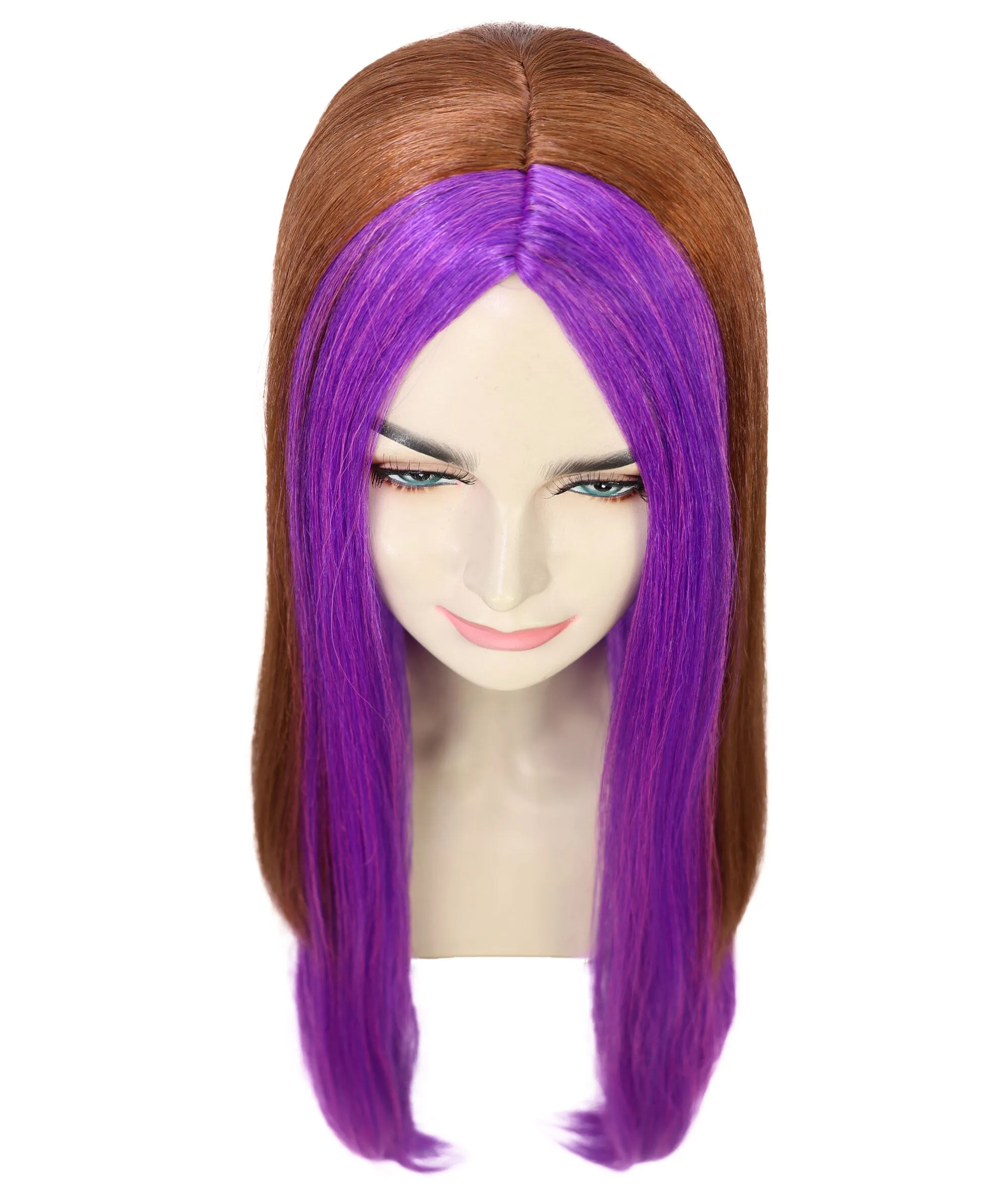HPO Adult Women's Doll Figure Long Straight Wig with Purple Streaks | Cosplay Wig | Flame-retardant Synthetic Fiber