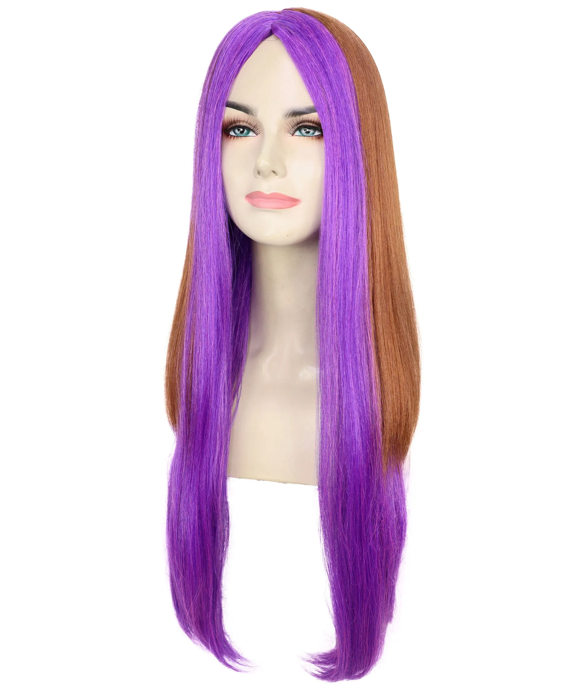 HPO Adult Women's Doll Figure Long Straight Wig with Purple Streaks | Cosplay Wig | Flame-retardant Synthetic Fiber