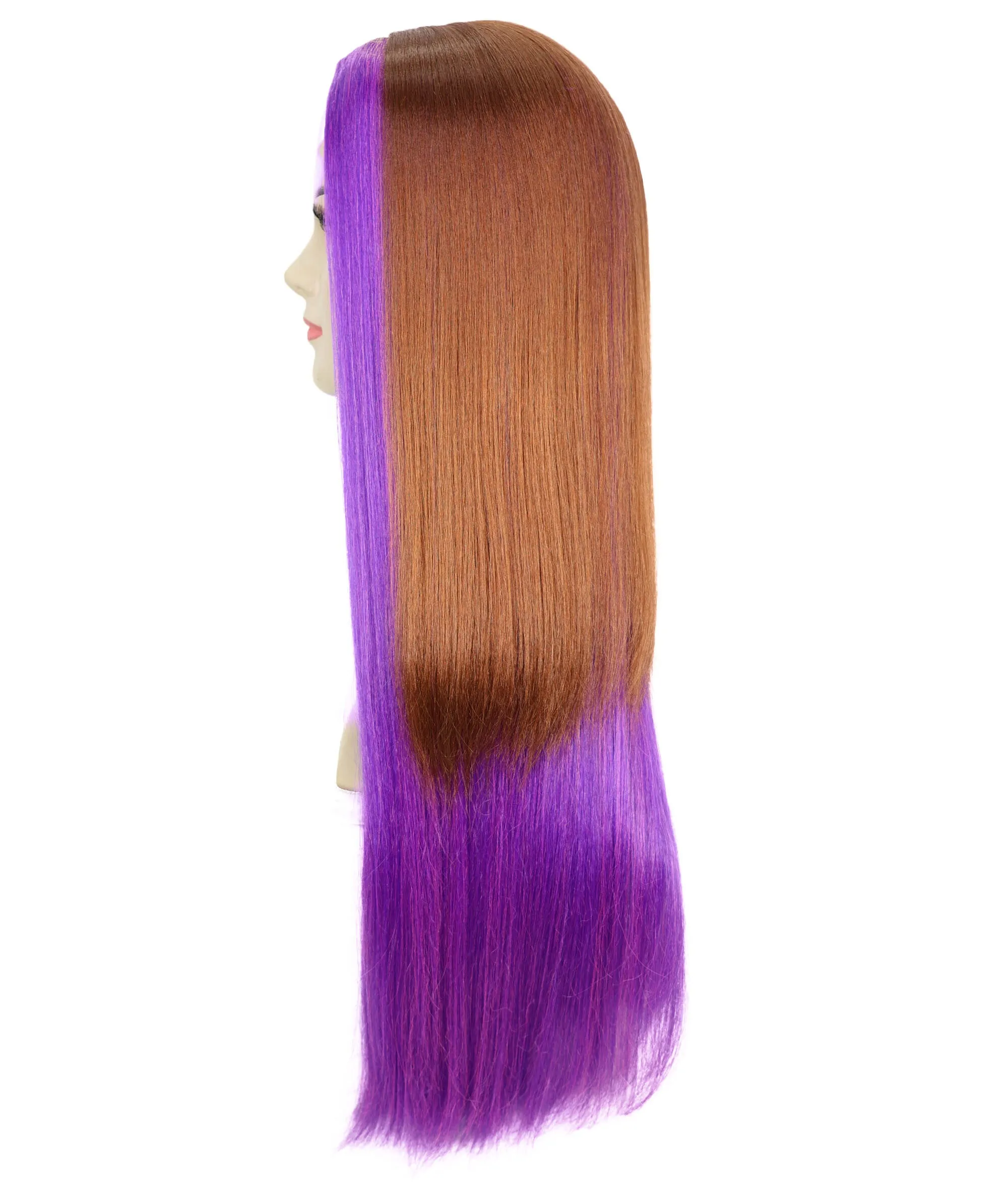 HPO Adult Women's Doll Figure Long Straight Wig with Purple Streaks | Cosplay Wig | Flame-retardant Synthetic Fiber