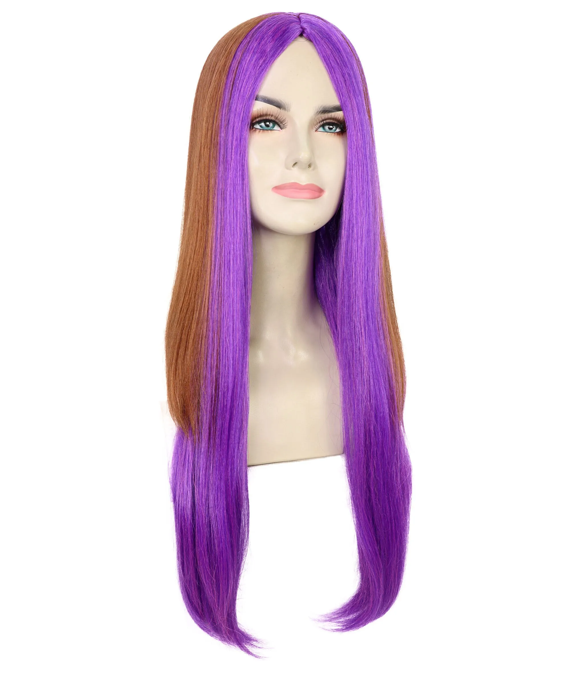 HPO Adult Women's Doll Figure Long Straight Wig with Purple Streaks | Cosplay Wig | Flame-retardant Synthetic Fiber