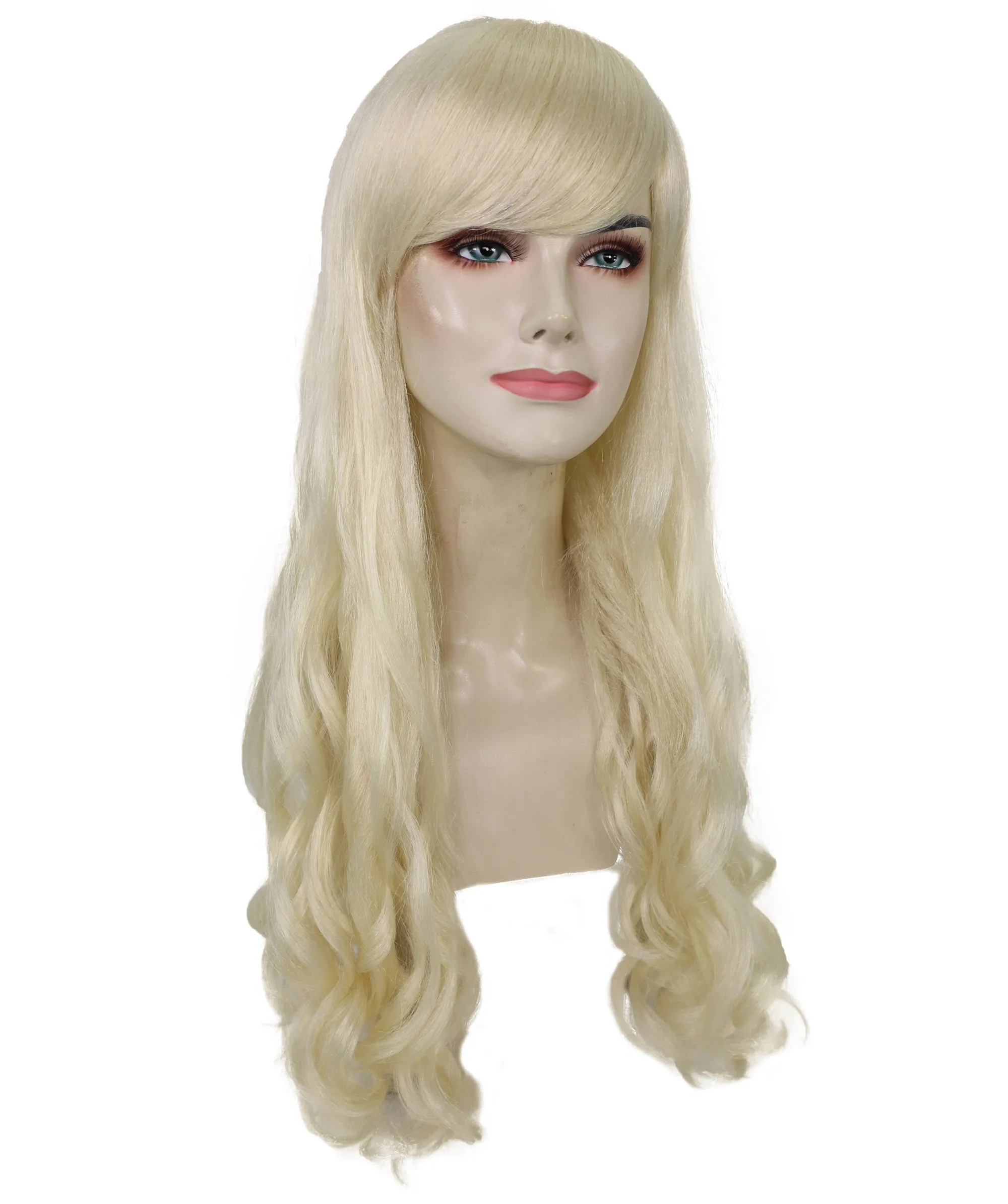 HPO Adult Women's  Long Curly Wig with Fringe | Multiple Color Option |Flame-retardant Synthetic Fiber Wig| Perfect for Halloween