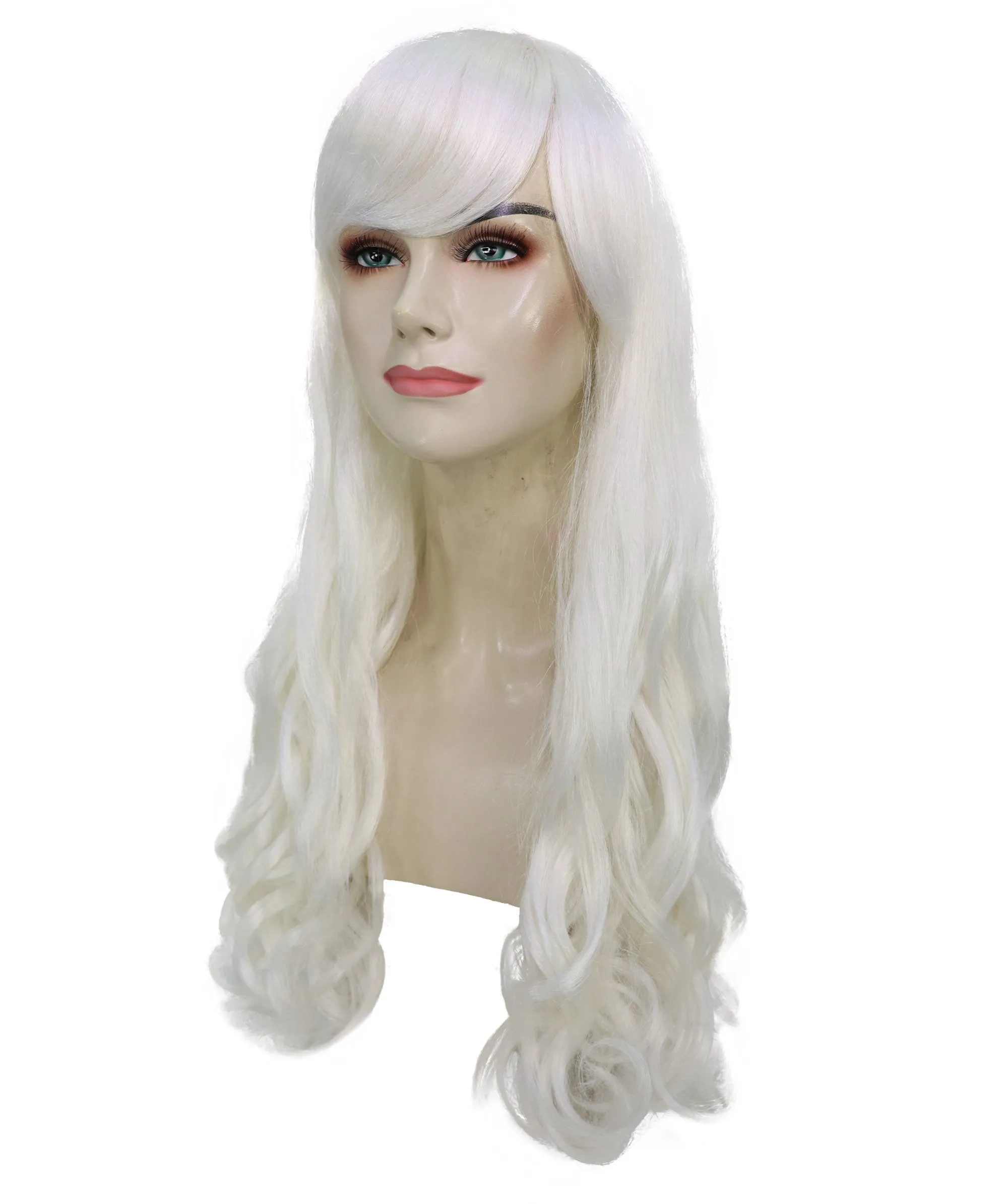 HPO Adult Women's  Long Curly Wig with Fringe | Multiple Color Option |Flame-retardant Synthetic Fiber Wig| Perfect for Halloween