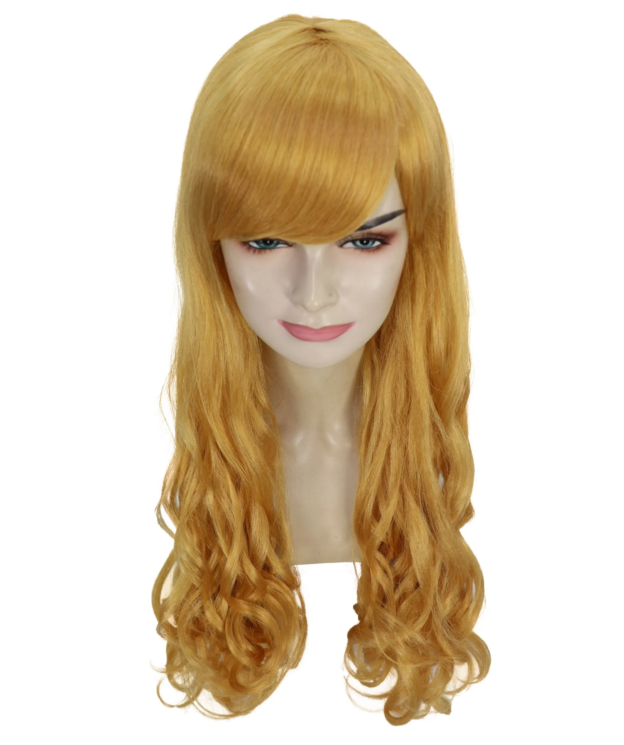 HPO Adult Women's  Long Curly Wig with Fringe | Multiple Color Option |Flame-retardant Synthetic Fiber Wig| Perfect for Halloween