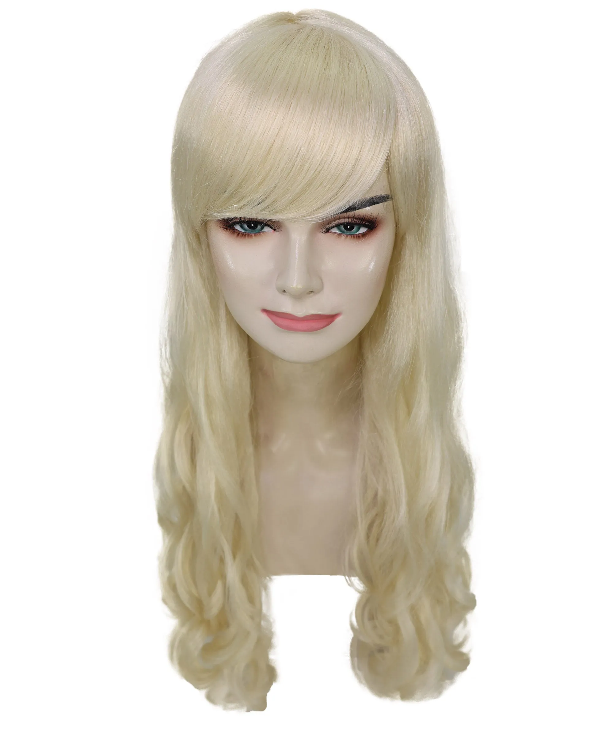 HPO Adult Women's  Long Curly Wig with Fringe | Multiple Color Option |Flame-retardant Synthetic Fiber Wig| Perfect for Halloween