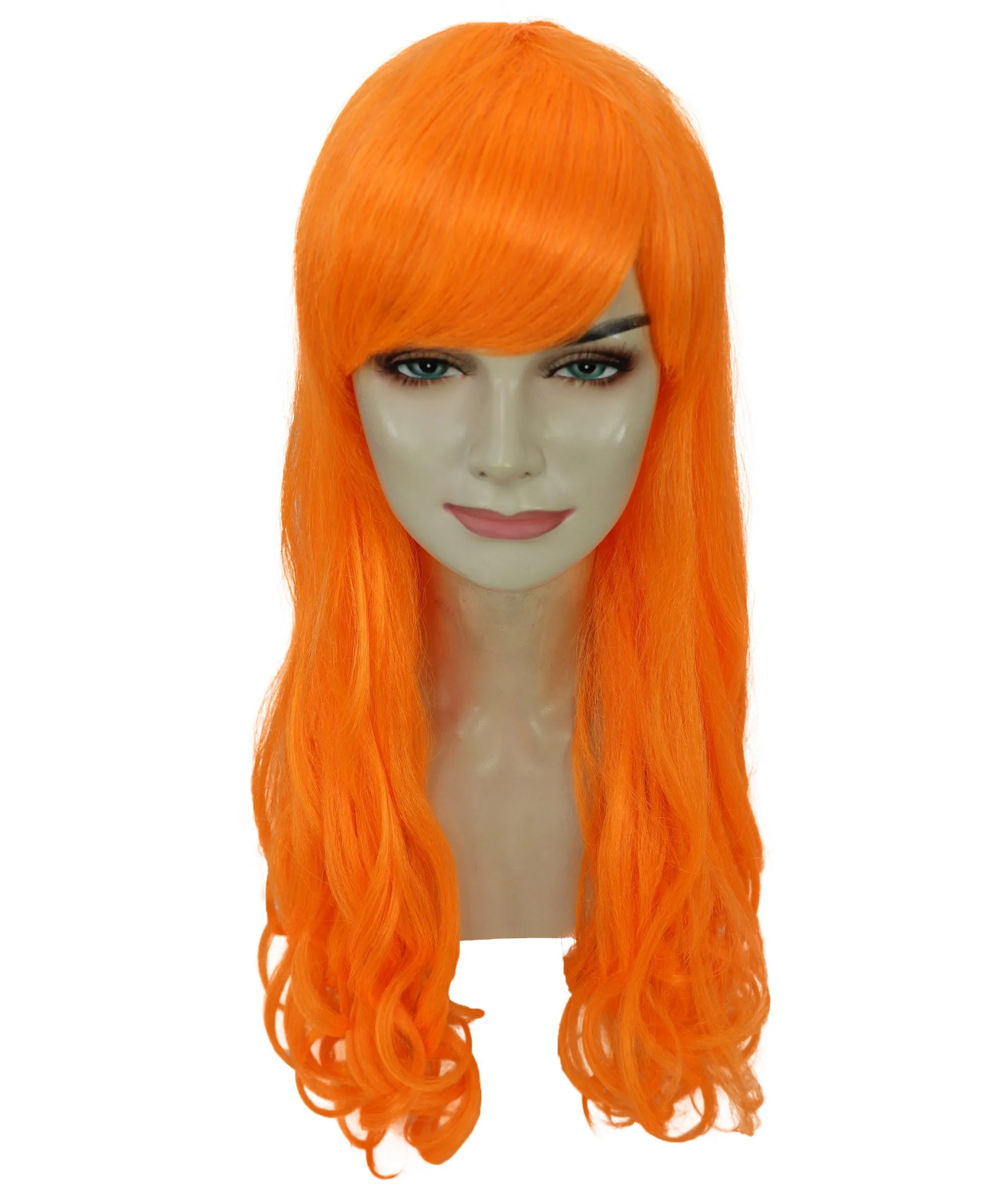 HPO Adult Women's  Long Curly Wig with Fringe | Multiple Color Option |Flame-retardant Synthetic Fiber Wig| Perfect for Halloween