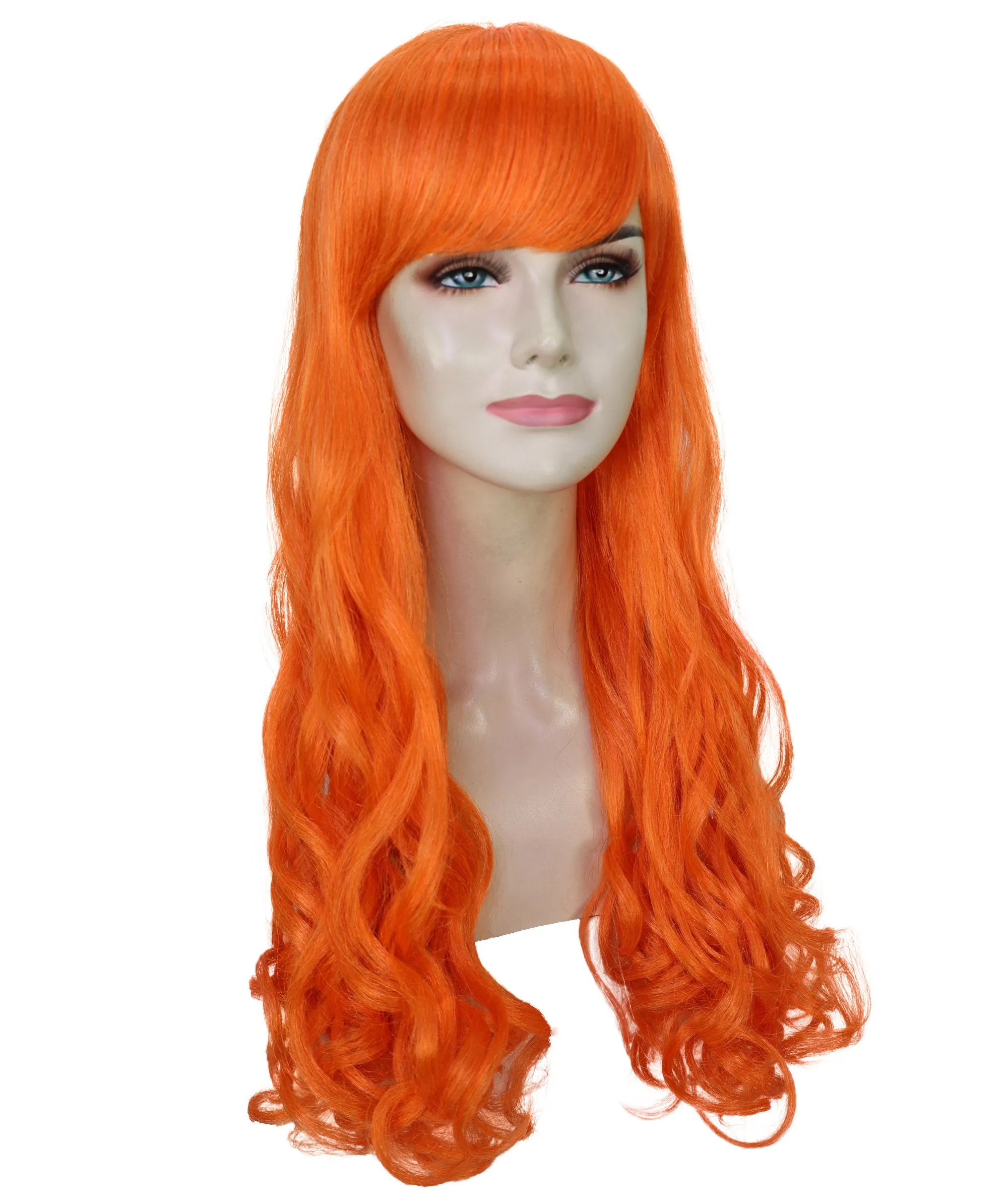 HPO Adult Women's  Long Curly Wig with Fringe | Multiple Color Option |Flame-retardant Synthetic Fiber Wig| Perfect for Halloween