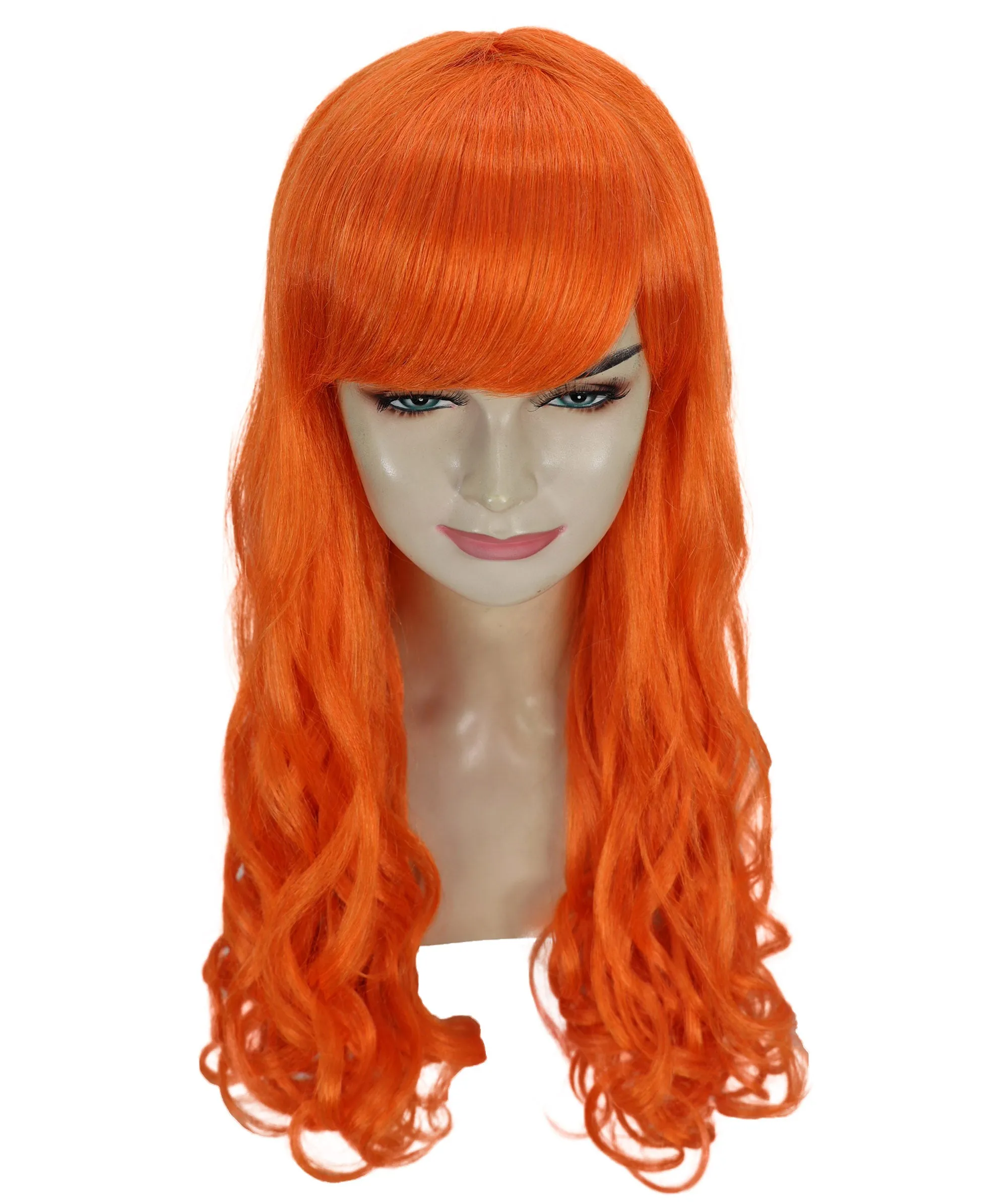 HPO Adult Women's  Long Curly Wig with Fringe | Multiple Color Option |Flame-retardant Synthetic Fiber Wig| Perfect for Halloween