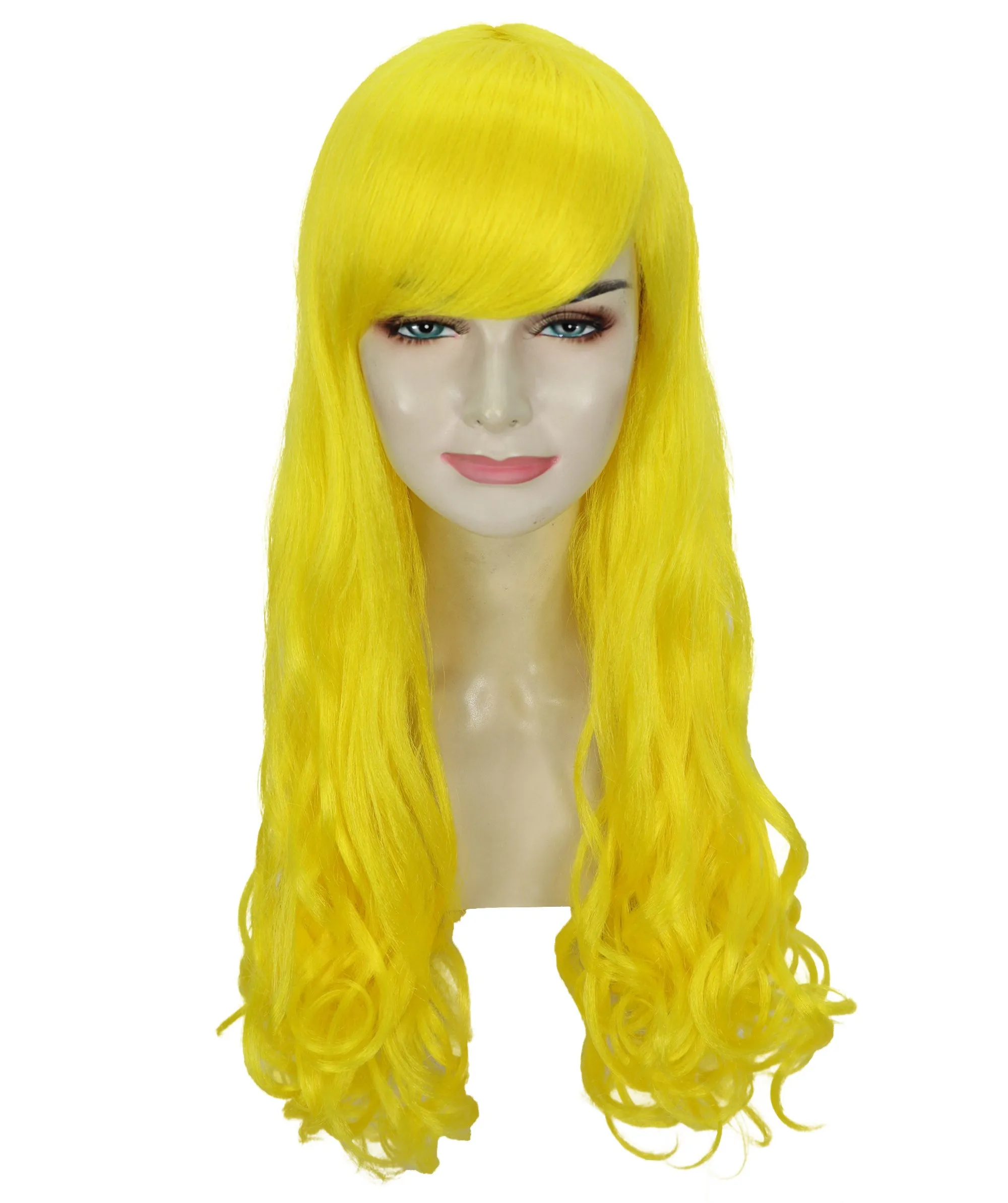 HPO Adult Women's  Long Curly Wig with Fringe | Multiple Color Option |Flame-retardant Synthetic Fiber Wig| Perfect for Halloween