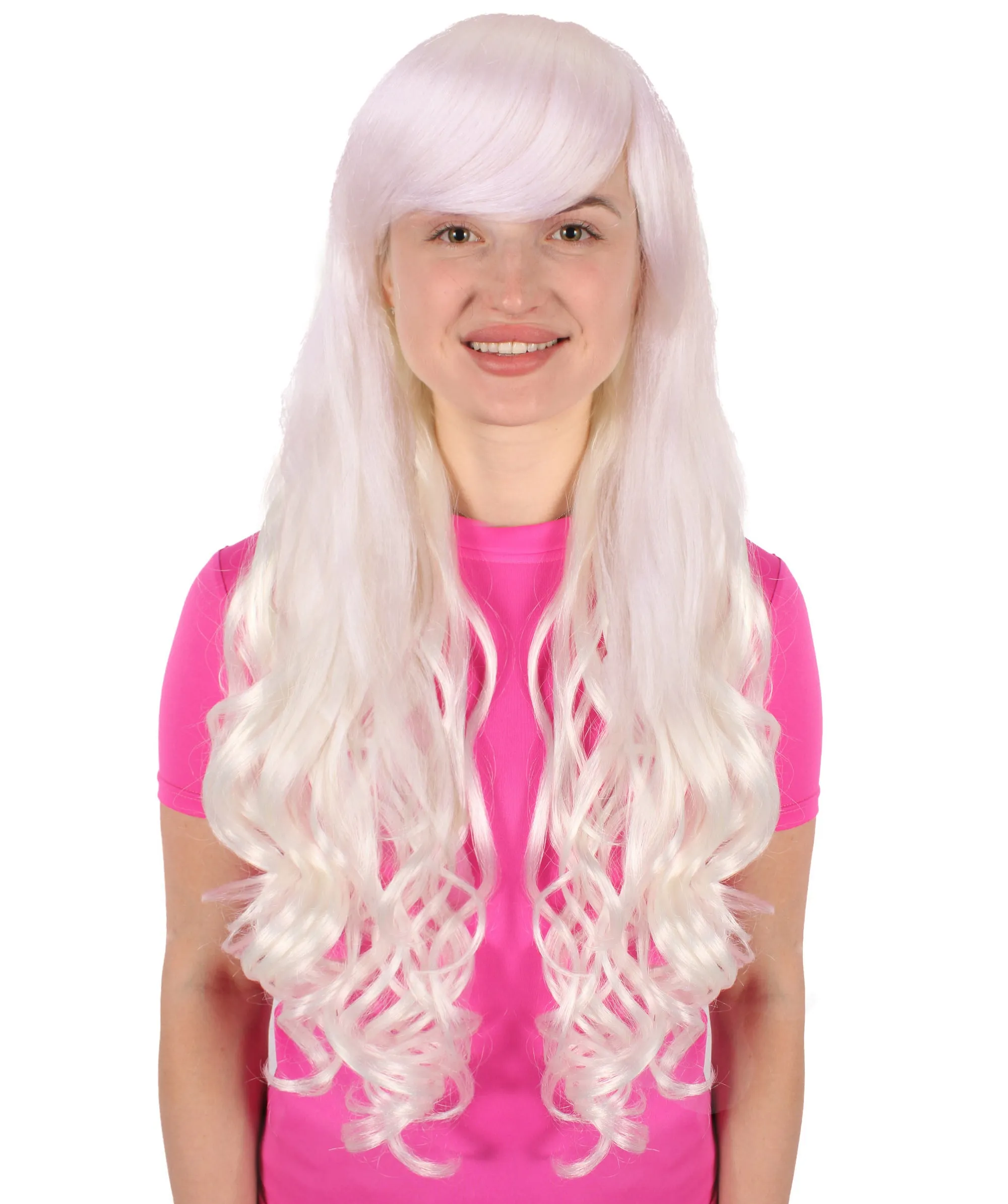 HPO Adult Women's  Long Curly Wig with Fringe | Multiple Color Option |Flame-retardant Synthetic Fiber Wig| Perfect for Halloween